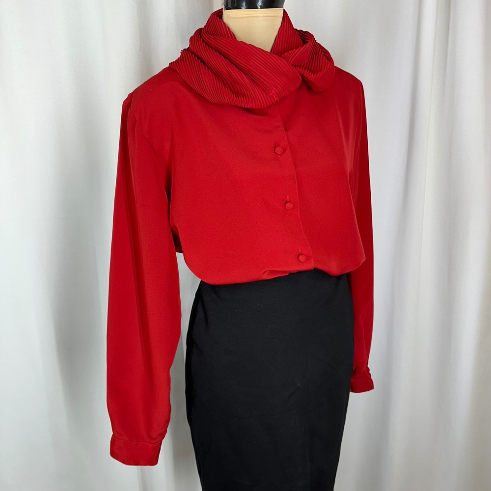 Jordan Vintage Red Pleated Cowl Neck Blouse Top Size 14 Korea Button Front